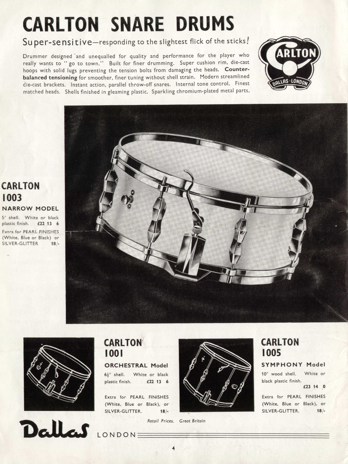 Carlton '1005' Symphony Model Vintage 14x10” Snare Drum in Blue Pearl - 1959