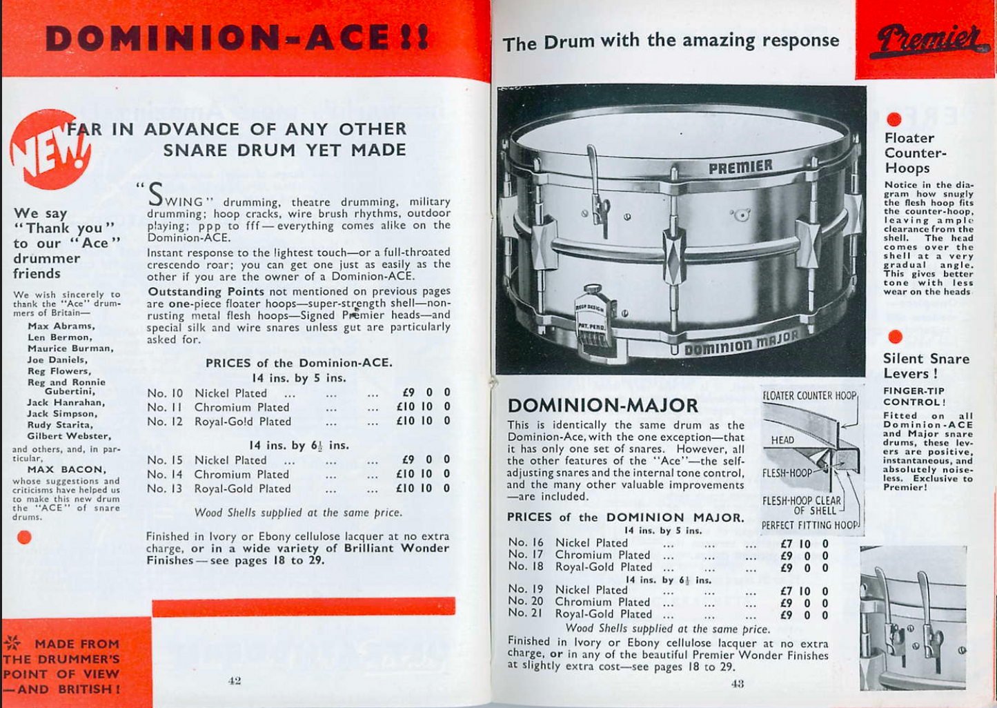 Premier 'Dominion Minor' Model 14x6.5" Vintage Snare Drum - 1935