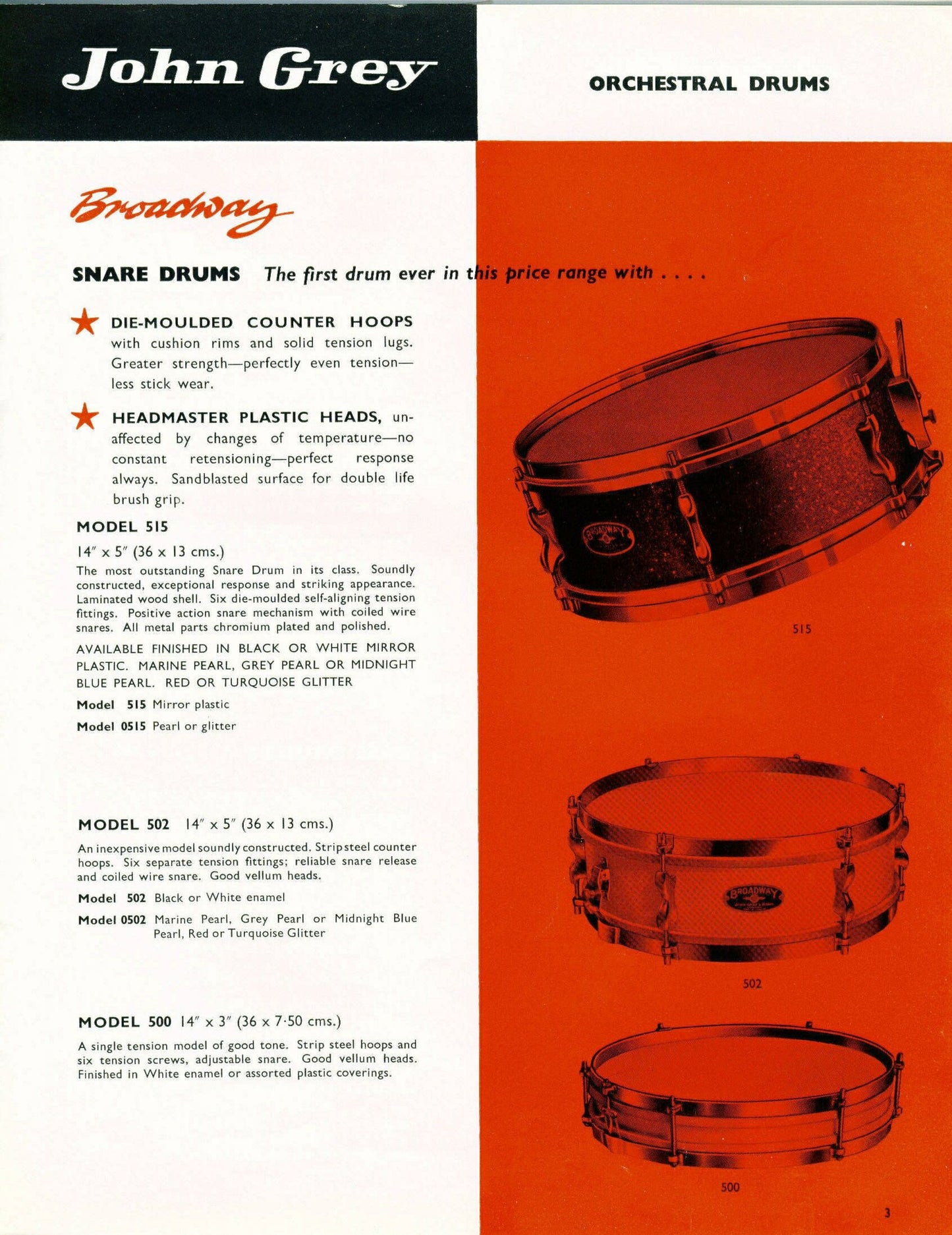 John Grey 'Model 500' Vintage Pancake Snare Drum (Needs Repairing) - 1963