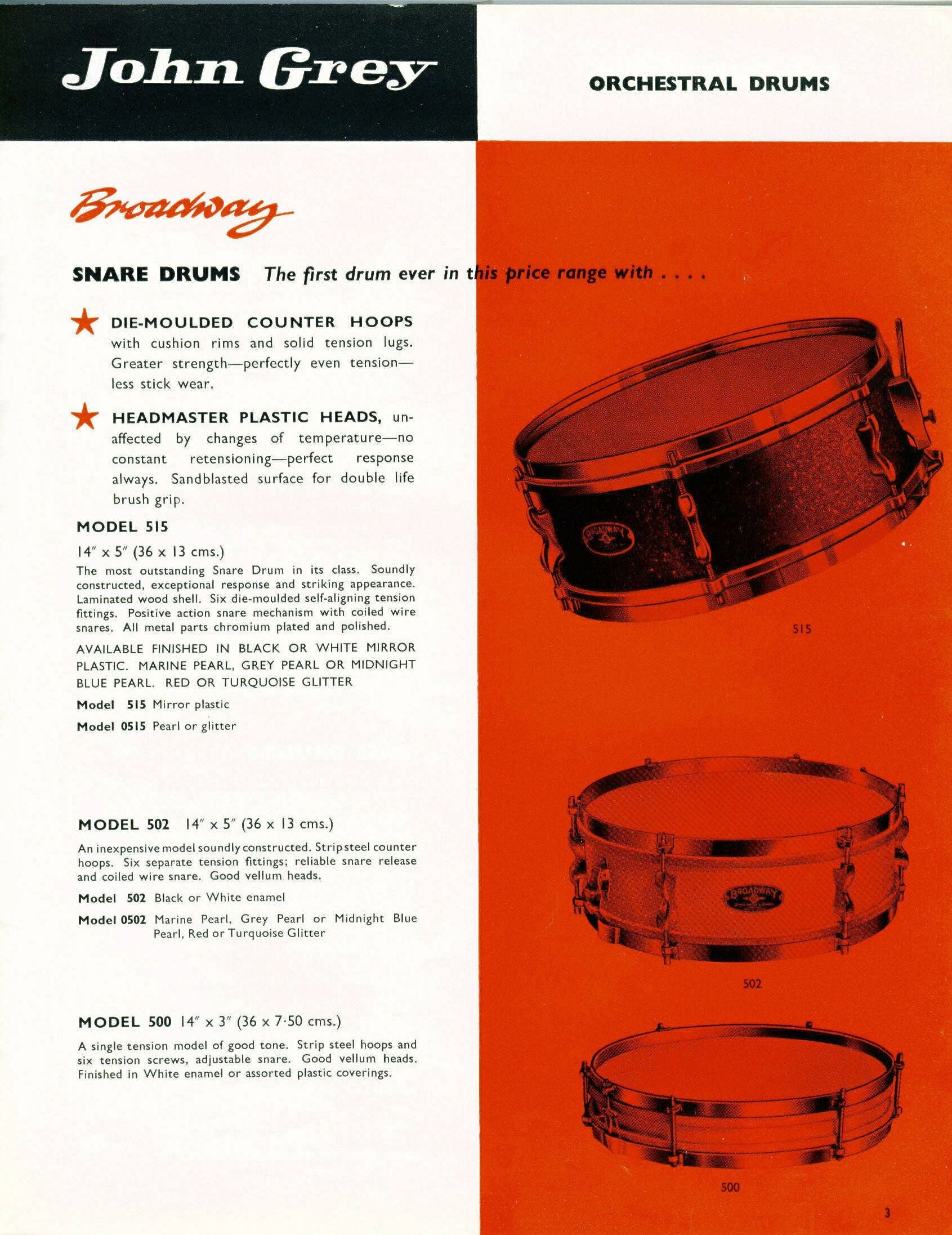 John Grey 'Model 500' Vintage Pancake Snare Drum (Needs Repairing) - 1963