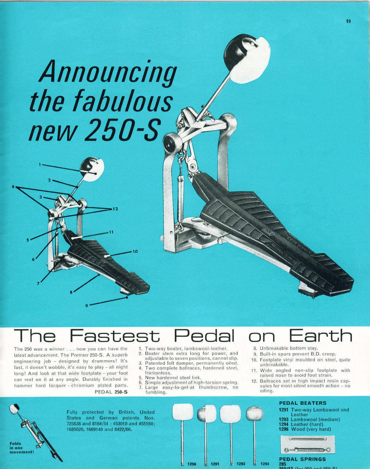 Premier '250-S' Vintage Bass Drum Pedal - 1966