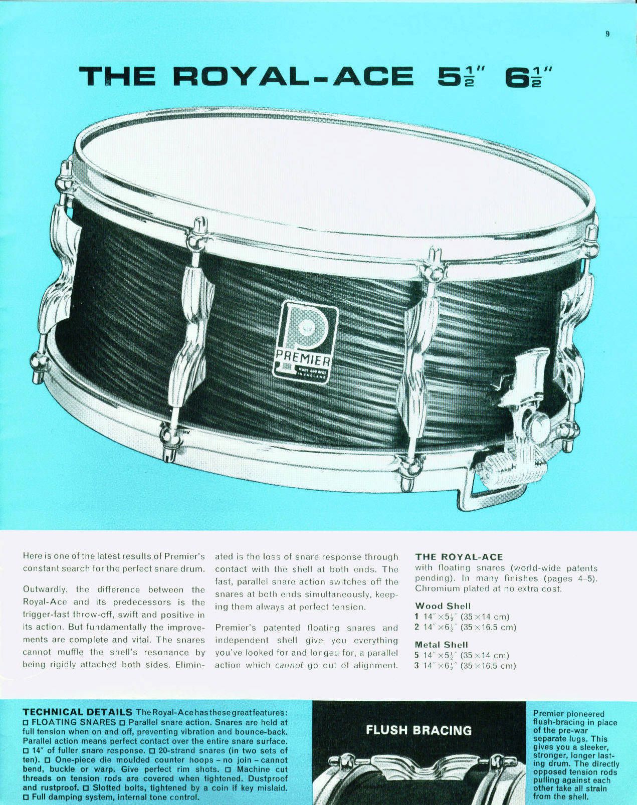 Premier ‘Royal Ace’ 14x5.5" Vintage Chrome Over Brass Snare Drum - Late 1960s Catalogue