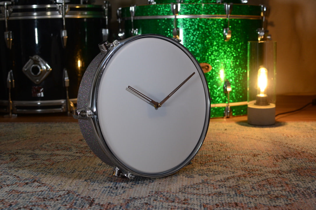 Wall Hanging 12" Drum Clock - Non-ticking - Silver Sparkle