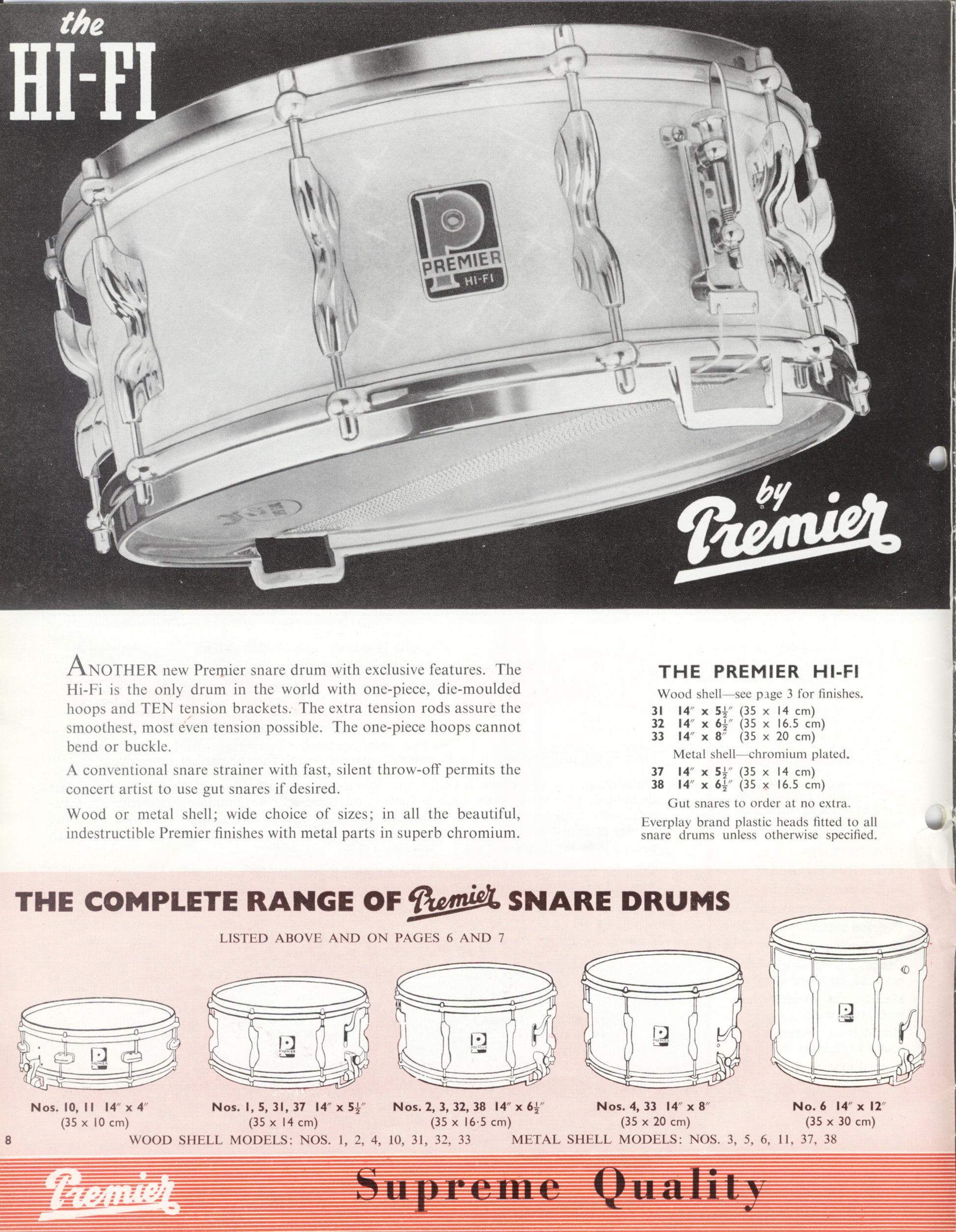 Premier Hi-Fi 14x5.5" Vintage Birch Snare Drum in White Marine Pearl - 1959