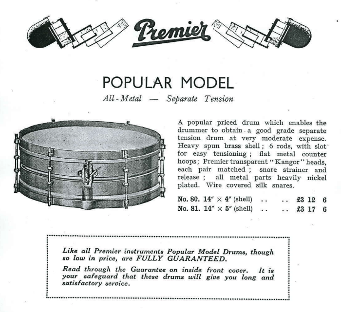 Premier Popular Model 14x4" Vintage Snare Drum - 1930