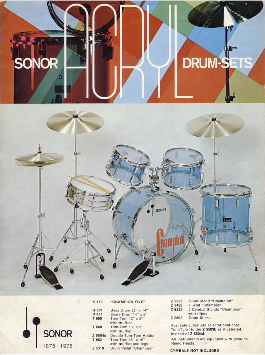 Sonor Champion 'Acryl' Acrylic Vintage 3-Piece Drum Kit in Clear - 1970's