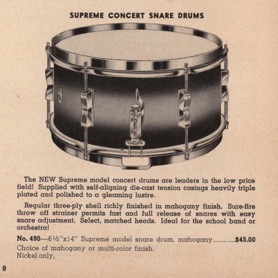 WFL Ludwig 'Supreme Concert' 14" x 6.5" Snare Drum - 1950's